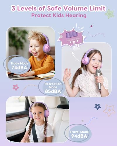 awatrue Kids Headphones for School, 74‑85‑94dB, 3.5mm Jack, HK07 | Foldable Wired Over Ear Headphones, for Toddler School/Travel/iPad/Tablet, Pink-Purple - color: Purple Pink