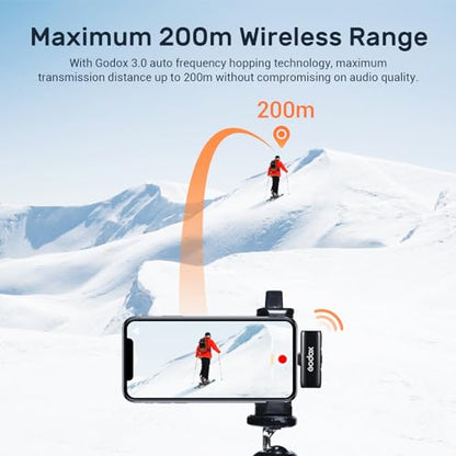 GODOX WES1 Kit1 Lightning Wireless Microphone | MFi Certified Plug & Play, 7g Ultralight, Noise Cancelling, 656ft Range, For iPhone iPad Vlog Live Stream