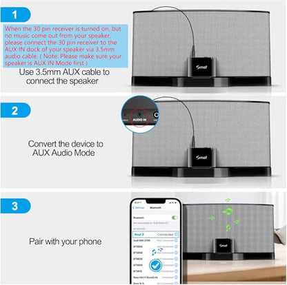 Smof 30 Pin Bluetooth Adapter Receiver | Compatible with Bose iPod iPhone JBL SoundDock, Not for Cars or Motorcycles