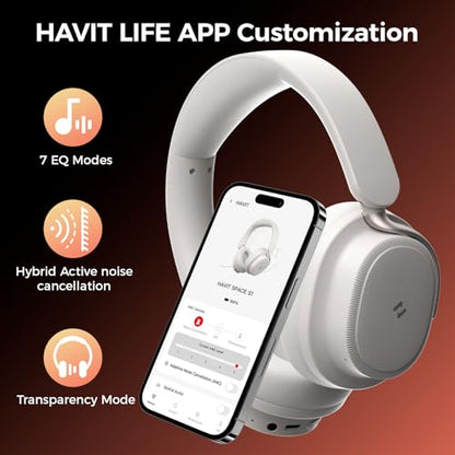 havit Noise Cancelling Headphones Over Ear, Wireless Bluetooth Headphones with 132H Playtime, Fast Charge 5 Min=5H, Foldable, Dual Device, with Mic for Travel Work Office, Gray