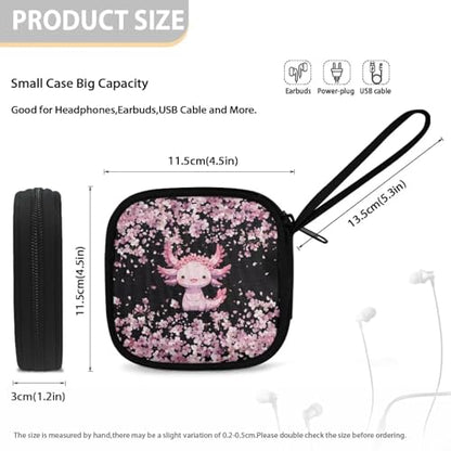 Axolotl Cherry Blossom Headphone Case Square Earbud Organizer Portable Bluetooth Headset Case with Handle for Girls Boys Men Women - color: Axolotl Cherry Blossom