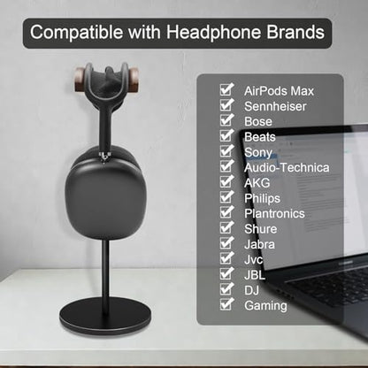 GEVO Headphone Stand for Desk, Walnut Wood & Aluminum Headset Stand, Universal Walnut Gaming Headset Holder with Solid Heavy Base for AirPod Max, Bose, Sony All Headphone Sizes (Circular Base)