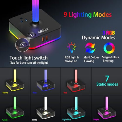 RGB Headphone Stand with Charger 3 USB Ports and 2 AC Outlets,2 USB-A 1 Type C,Desk Gaming Headset Holder with 9 Light Modes,PC Gaming Desk Accessories,Gamer Gifts,RGB Gaming Stuff Headset Stand | 9 Light Modes:7 Static & 3 RGB Dynamic Lights; 2 AC,2 USB-