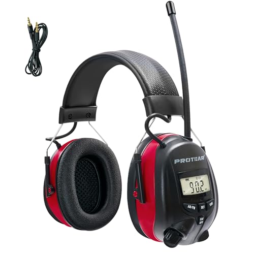 Digital AM FM Radio Headphones, Hearing Protection Earmuff for Adult, 30dB SNR for Mowing, Construction, Chainsaw - color: Am Fm Radio + Battery + Red