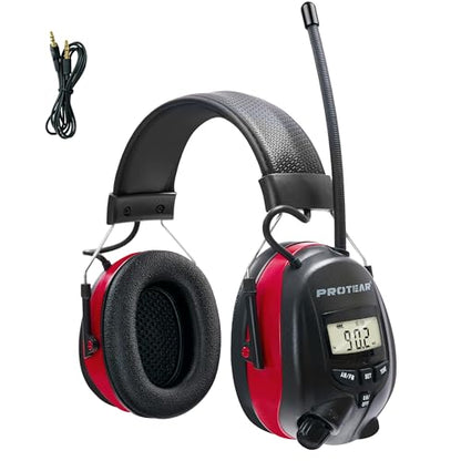 Digital AM FM Radio Headphones, Hearing Protection Earmuff for Adult, 30dB SNR for Mowing, Construction, Chainsaw - color: Am Fm Radio + Battery + Red
