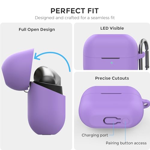 AhaStyle Silicone Case for Samsung Galaxy Buds 3 FE/Galaxy Buds3 Pro/Buds 3 | Front LED Visible, Carabiner Included, Supports Wireless Charging, Shock Resistant, Full Protection - color: Lavender