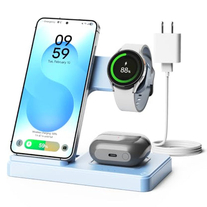 3-in-1 Charging Station for Samsung, Foldable Wireless Charger Stand | Android Phone and Watch Charger for Samsung S26/S25/S24/S23/S22/S21, Note 20/10, Z Fold 6/5, Galaxy Buds and Watch-Blue - color: Blue