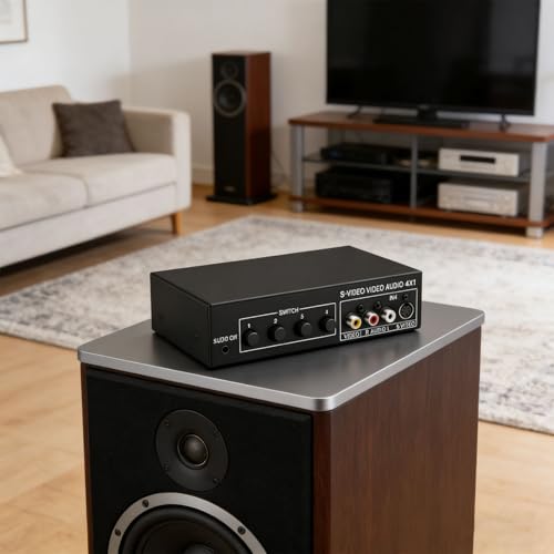 4x1 S Video and RCA Switcher, 4 Input 1 Output Audio Video Switch Selector Box for Game Consoles DVD Players, 720P Metal Shell Manual Push Button Switcher