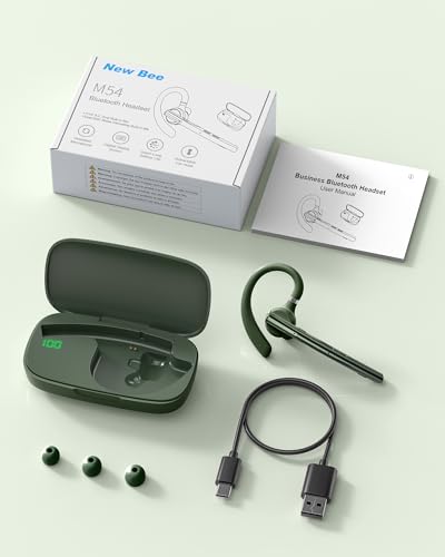 Bluetooth Headset,72H Work Single-Ear Wireless Earpiece for Cell Phone Call | 2 Charging Ways & 500mAh Charging Case,Dual Mic ENC Noise Cancel, Mute Button,V5.1 Hands-Free for Phone and Laptop - color: Solid army green, style: M54