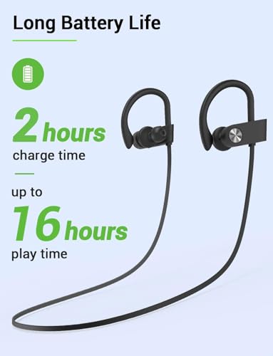 Bluetooth 5.3 Headphones, Wireless Sports In-Ear Earbuds IPX7 Waterproof | 16 Hours Playtime, Sweatproof Stereo Earphones with MIC, Noise Cancelling Headsets for Gym Running Workout, Clear Sound - color: Black