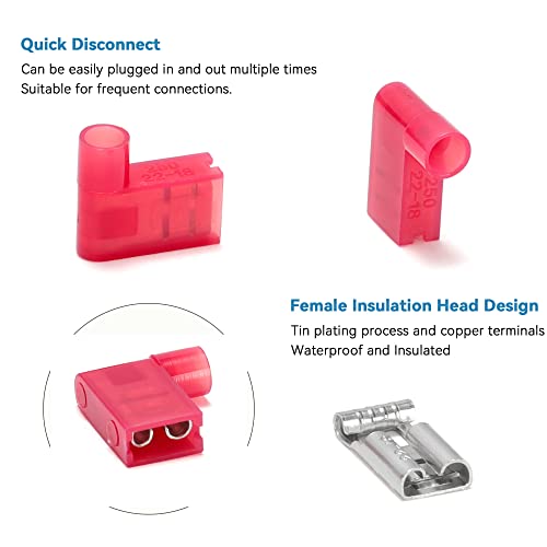 HKS 100 PCS Flag Spade Terminals 90 Degree Female - Red 22-18 AWG - Nylon Quick Disconnect Wire Connector - Right Angle - Crimp Insulated - color: 100PCS RED