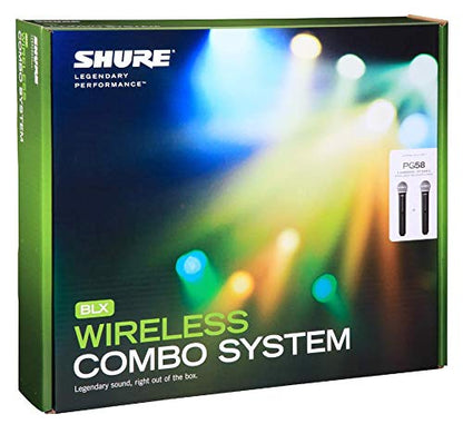 Shure BLX288/PG58 Dual Wireless Vocal System - H11 Band | 14-hour battery and 300 ft UHF range with two PG58 handheld vocal mics and dual-channel receiver for live vocals - style: H11 Band (572-596 MHz)
