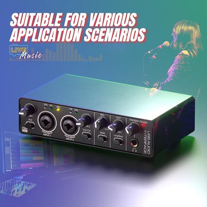 2X2 USB Audio Interface for PC Mac Laptop, 24Bit 192kHz for Computer Recording, Guitar, Streaming, Podcasting, with 48V Phantom Power, XLR TSR TS Ports