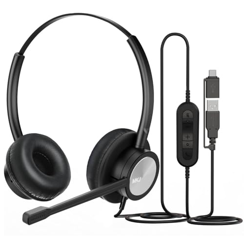 MKJ USB Headset with Noise Cancelling Microphone for Call Center & Office | USB-A & USB-C Connectors, Work with Computer PC Laptop, for Zoom Ms Teams Webinar, Clear Sound, Soft Ear Cushions