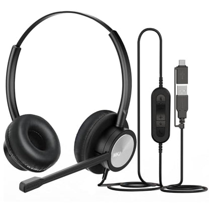 MKJ USB Headset with Noise Cancelling Microphone for Call Center & Office | USB-A & USB-C Connectors, Work with Computer PC Laptop, for Zoom Ms Teams Webinar, Clear Sound, Soft Ear Cushions