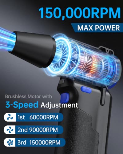 Compressed Air Duster, 150000RPM 3-Gear Brushless Motor Cordless Electric Air Blower, Rechargeable Air Blower with LED Light for PC, Computer, Laptop, Keyboard, Car Cleaning, Gifts for Men