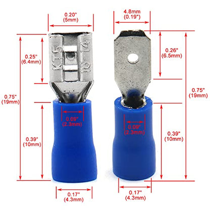 BAOMAIN 0.187" Female & Male Spade Terminals Kit 16-14 AWG 100-Pack | Blue Insulated Tin-Plated Crimp Connectors for 16-14 AWG Wiring. Kit Include 0.187" 4.8mm Female and Male Quick Terminals - size: Male and Female