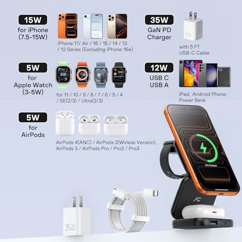 5-in-1 Wireless Charger for MagSafe, AC ISLAND Portable Travel Charging Station, 35W Max Qi2 Fast Foldable Magnetic Stand, Evolved for iPhone 17-12 Series, Apple Watch, AirPods (with 35W Adapter) - color: Black