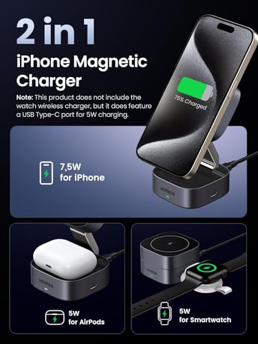 UGREEN MagFlow 2-in-1 Foldable Magnetic Wireless Charging Station | Adjustable Angle, Pocket-size Travel Design, for iPhone 17-12 Series and AirPods, USB C Cable Include