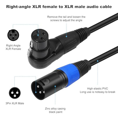 Right Angle XLR Cable 1FT, 2Pack, Black, Straight Male to 90 Degree Female Microphone Cable Cord, 3Pin XLR Adapter for Sound Devices Mixer Recorder - size: 1FT, style: R/A FM to ST Male