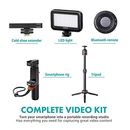 Movo Huge Smartphone Vlogging Kit V8 with USB Type-C Dongle Mini Tripod, Grip Rig, Wireless Shotgun Mini, 360° Stereo Microphones, LED Lights, Remote for TikTok, YouTube, and Streaming