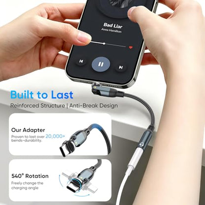 USB C to 3.5mm Audio Adapter,540° Rotatable USB C to Aux Headphone Jack Adapter,HiFi DAC USB C Headphone Adapter,Aux to USB C Dongle Compatible with iPhone 17 16 15,Samsung S25 S24 S23, iPad, Pixel