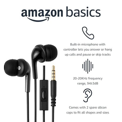 Amazon Basics Wired Earbuds with Microphone, In-Ear Headphones, 3.5mm Jack, High Definition Sound, Secure Fit, 4.2 ft Cable, S/M/L Ear Tips, Black - style: 3.5mm Aux