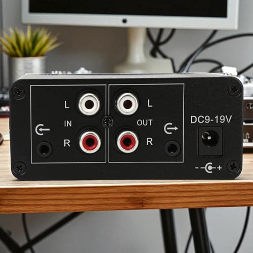 12V RCA Preamplifier, Audio Phono Preamp with Power Adapter, Mini Stereo Headphone Signal Home Amplifier, Gain 20dB for Turntable Pre amp Dual OP AMP AUX10X NE5532, RCA Input to 3.5mm Output