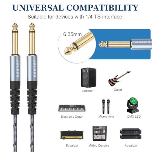JOLGOO 1/4 Inch Guitar Instrument Cable 3.3 FT 2-Pack, 1/4 inch TS Guitar Cable, Quarter inch Cable, for Electric Guitar, Bass, Keyboard, Mixer, Amplifier, Speaker, Electric Mandolin - color: Grey, size: 3.3 Feet, style: TS Mono Cable 2-Pack