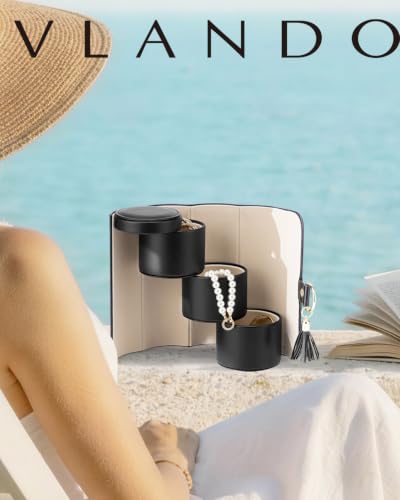 VLANDO Travel Jewelry Organizer, 3 Tier Roll Up Design, Hard Shell Storage | Stepped Sections Compartments Keep Jewelry Visible, Soft Lining Protect Pieces, Snap Closure, Travel Gift for Women Girl - color: A.Black