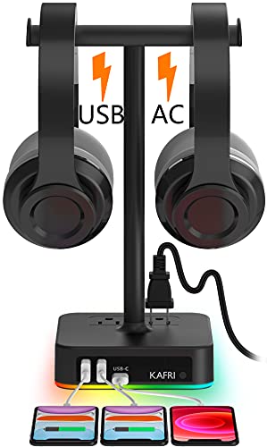 KAFRI RGB Dual Headphone Stand with USB C Charger Desk Gaming Double Headset Holder Hanger Rack with 3 USB Charging Port and 2 Outlet - Suitable for Gamer Desktop Table Game Earphone Accessories Gift - color: B-DUAL STAND