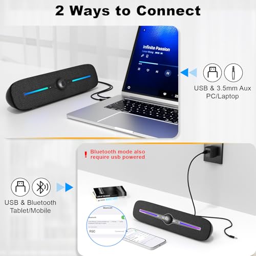 SOULION Computer Speakers, Wired 3.5mm Aux Bluetooth Soundbar for Desktop | USB Powered, 4 Dynamic Lighting Modes, Rotary Volume Control Button for Laptop Monitor Office Music Game