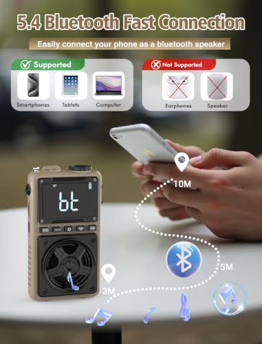 AM FM Shortwave Radio with NOAA Weather Alert,1250mAh Rechargeable Battery | Bluetooth Portable Pocket Radio with Best Reception 5W Big Speaker Earphone,Support SD Card and USB Player Brown - color: Brown