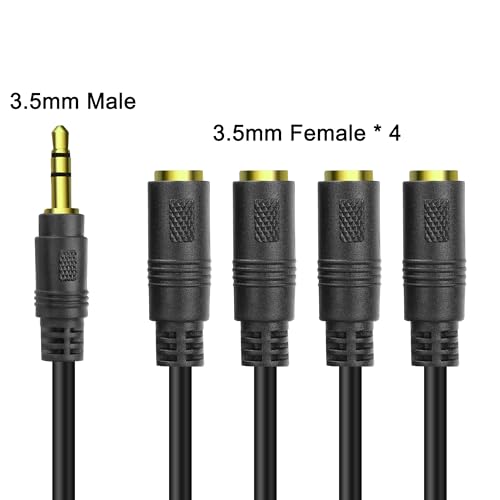 MEIRIYFA 3.5mm 1/8 inch 3-Pole TRS Splitter Extension Cable 1 to 4 Ways | TRS 1 Male to 4 Female Audio Stereo Splitter Cable 3.5mm Audio 1 Input 4 Output Headphone Headset Extender Cord-30CM