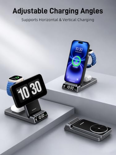 3 in 1 Charging Station for Apple, Travel Wireless Charger with Clock | ELECDOV Magnetic Charger for iPhone, Foldable Watch Charger Stand for iPhone 17/Air/16/15 Series, iWatch 10/AirPods 4 (Grey) - color: Grey