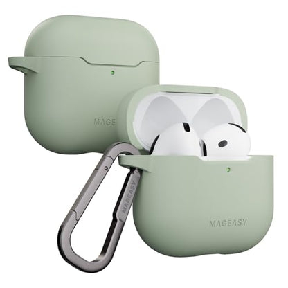 MAGEASY Skin Case for AirPods 4 (2024) with Carabiner Clip, Shockproof Protective TPU AirPods 4th Generation Cover, Stain-Resistant, Smooth Soft-Touch, Wireless Charging Compatible (Desert Green) - color: Desert Green, size: AirPods 4