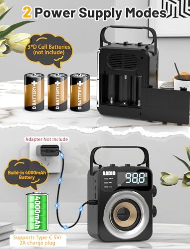 Portable AM/FM/WB/SW Radio, 4000mAh Rechargeable & 3×D Cell Battery Powered | Bluetooth Digital Radios 10W Speaker,TF/USB Playback,LCD Display Weather Alert For Home Outdoor Emergency