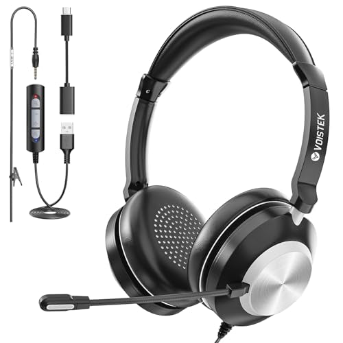 Voistek USB Headset with Microphone for PC & Laptop, On-Ear Computer Headset with Microphone Noise Canceling, Mute & Volume Controls for Zoom, Teams, Online Meetings, Remote Work, Home Office - color: Black