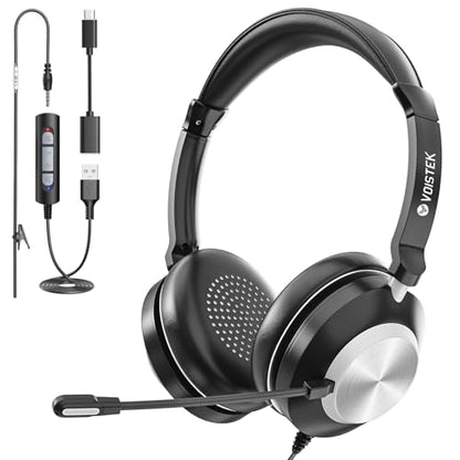 Voistek USB Headset with Microphone for PC & Laptop, On-Ear Computer Headset with Microphone Noise Canceling, Mute & Volume Controls for Zoom, Teams, Online Meetings, Remote Work, Home Office - color: Black