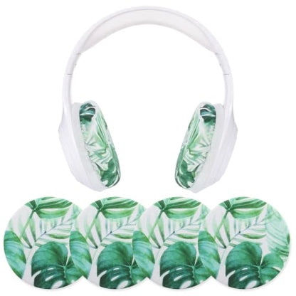Fanfanwin 2 Pairs Monstera Leaf Flex Fabric Headphones Covers Green Stretchable Washable Ear Cup Protectors Sweat Resistant Ear Pad Sleeves Headphone Accessories for Gym Library Gaming 3.54inch - style: Monstera Leaf