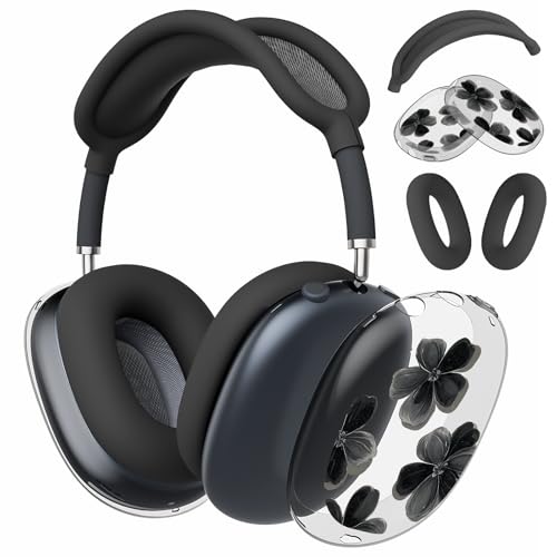 Joyland 3 in 1 Case for AirPods Max Headphones,Anti-Scratch Ear Pad Covers/Ear Cups,Black Flowers Soft TPU Ear Cups Cover for AirPods Max (2020 Lightning/2024 USB-C)-Clear Black - color: B-Black Flowers