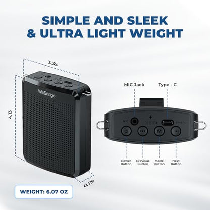 WinBridge 15W Voice Amplifier with Wired Headset Microphone for Teachers | Power-On Auto Sync,Dual Music + Voice Playback,Ideal for Teaching,Fitness, Tours & Public Speaking, Ultra-lightweight,WB008