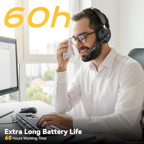 Wireless Headset with Mic for Work, Bluetooth Headset with Noise Cancelling Microphone, Charging Base & USB Computer Headset with Microphone for Call Center/Office/Home/PC/Laptop/Teams/Zoom