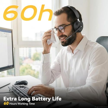 Wireless Headset with Mic for Work, Bluetooth Headset with Noise Cancelling Microphone, Charging Base & USB Computer Headset with Microphone for Call Center/Office/Home/PC/Laptop/Teams/Zoom