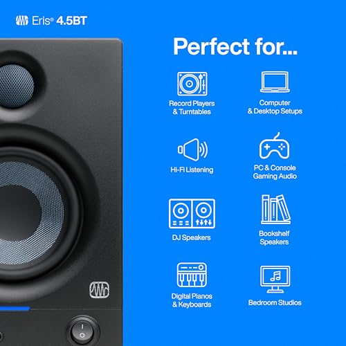 PreSonus Eris 4.5BT Bluetooth Studio Monitors, Pair — 4.5" Inch Powered Bookshelf Speakers, Stereo, Desktop Computer, Near Field Music Production, Audio Mixing Recording | 4.5 Inch Powered Bookshelf Speakers, Stereo, Desktop Computer, Near Field Music Pro