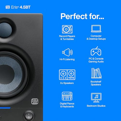 PreSonus Eris 4.5BT Bluetooth Studio Monitors, Pair — 4.5" Inch Powered Bookshelf Speakers, Stereo, Desktop Computer, Near Field Music Production, Audio Mixing Recording | 4.5 Inch Powered Bookshelf Speakers, Stereo, Desktop Computer, Near Field Music Pro