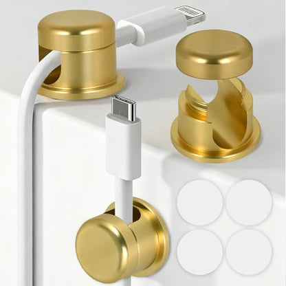 Wider Base Strong Adhesive Desk Cord Holder 3 Pack, Aluminum Gold | Screw-top Cord Holder for Nightstand, Cable Holder Desk Organizer for Phone Charger, Cable Management Clips