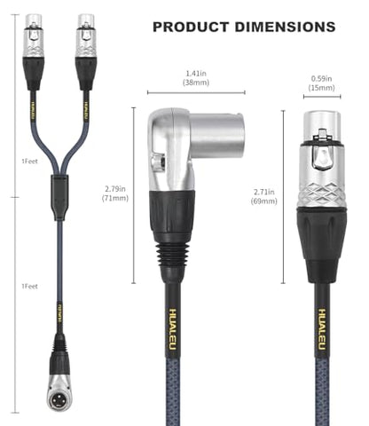 2Ft Right Angle 3Pin XLR Male to Dual 3Pin XLR Female Y Splitter 1 Male to 2 Female Audiao Cable, Mixer, Microphone,Amplifier Y Splitter Cable - color: Right Angle XLR 1 Male to 2 Female, size: 2Ft*1Pack
