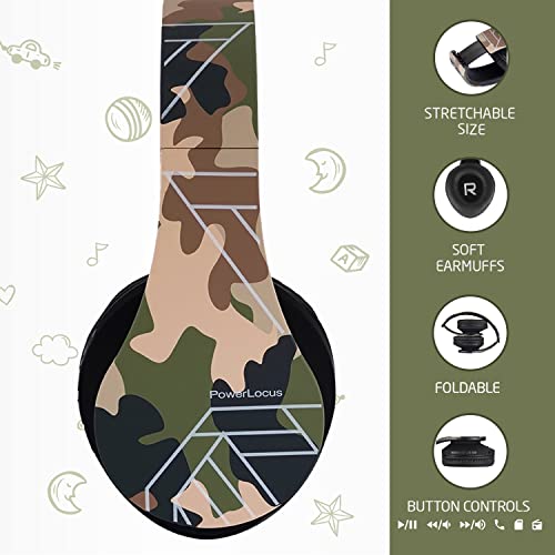PowerLocus Kids Headphones Over-Ear, Bluetooth Wireless Headphones for Kids,with Microphone, Safe 85DB Volume Limited, Foldable with Carry Case, Audio Cable, Micro SD mode for Online Classes,PC,Phones - color: Camo