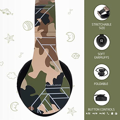 PowerLocus Kids Headphones Over-Ear, Bluetooth Wireless Headphones for Kids,with Microphone, Safe 85DB Volume Limited, Foldable with Carry Case, Audio Cable, Micro SD mode for Online Classes,PC,Phones - color: Camo